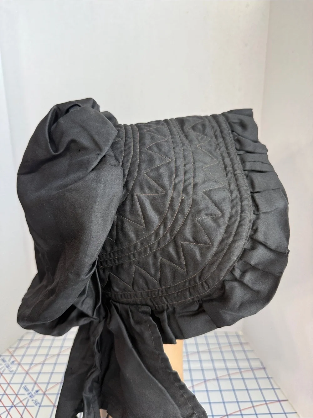 Vintage 1940s Black Satin Bonnet Quilted Ruffle Prairie Victorian Style Costume
